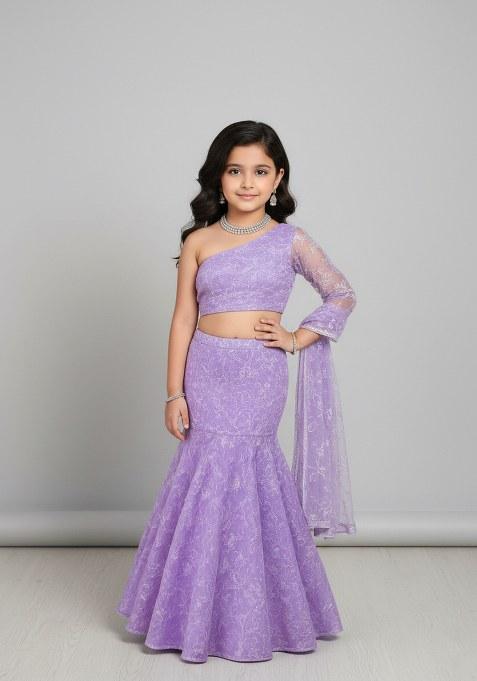 Girls Purple Embroidered Georgette Lehenga Set