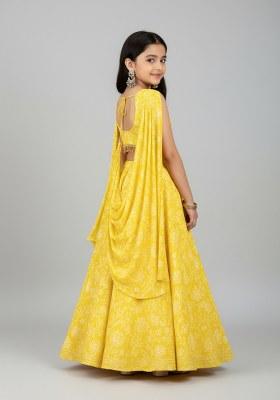 Girls Yellow Embroidered Georgette Lehenga Set