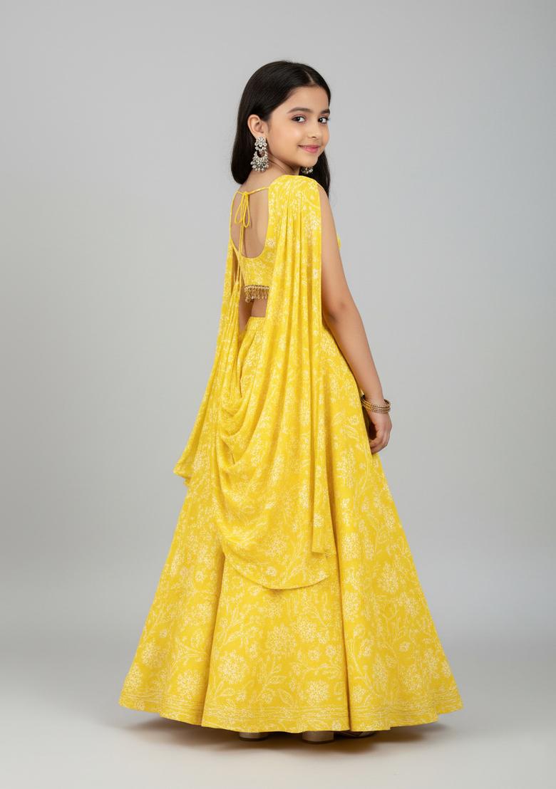 Girls Yellow Embroidered Georgette Lehenga Set