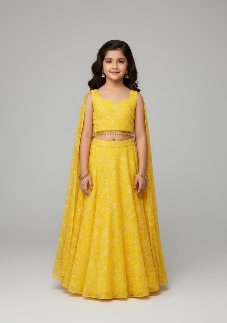 Girls Yellow Embroidered Georgette Lehenga Set