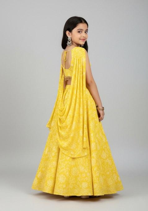 Girls Yellow Embroidered Georgette Lehenga Set