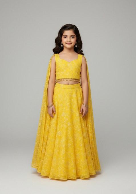Girls Yellow Embroidered Georgette Lehenga Set