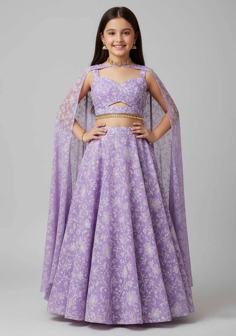 Girls Purple Embroidered Georgette Lehenga Set - Indya