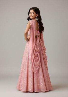 Girls Pink Embroidered Georgette Lehenga Set