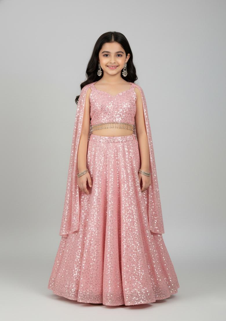 Girls Pink Embroidered Georgette Lehenga Set - Indya