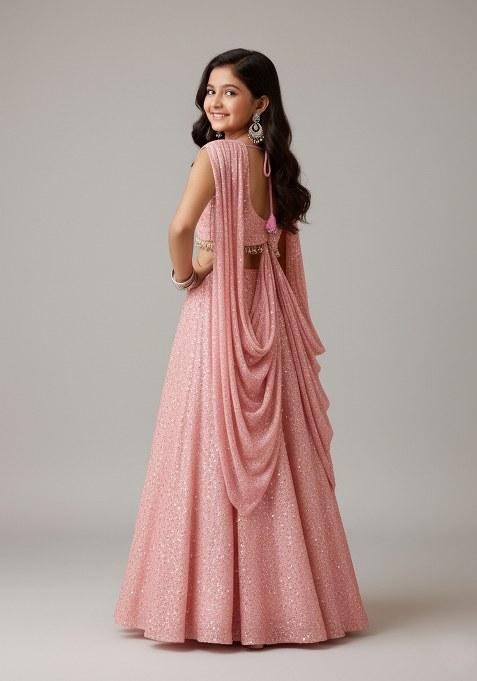 Girls Pink Embroidered Georgette Lehenga Set