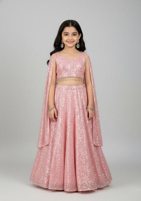 Girls Pink Embroidered Georgette Lehenga Set