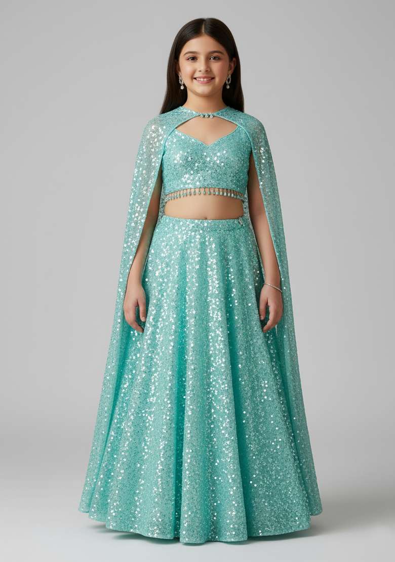 Girls Powder Blue Embroidered Georgette Lehenga Set - Indya