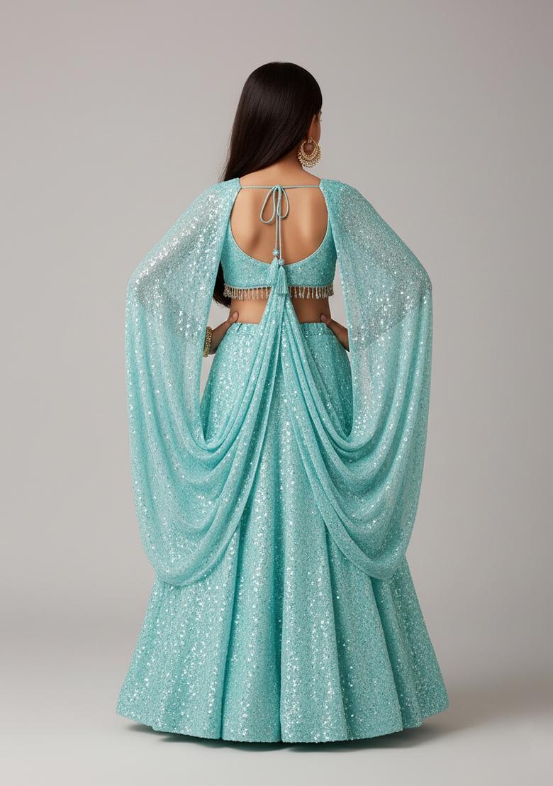 Girls Powder Blue Embroidered Georgette Lehenga Set - Indya