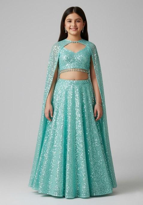Girls Powder Blue Embroidered Georgette Lehenga Set