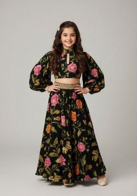 Girls Black Floral Print Satin Co-Ord Set