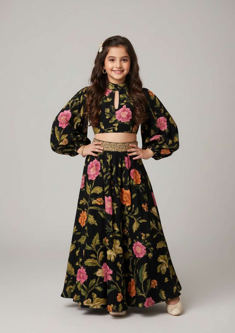 Girls Black Floral Print Satin Co-Ord Set - Indya