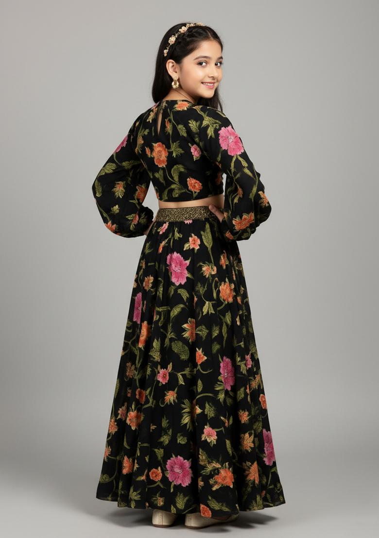 Girls Black Floral Print Satin Co-Ord Set - Indya
