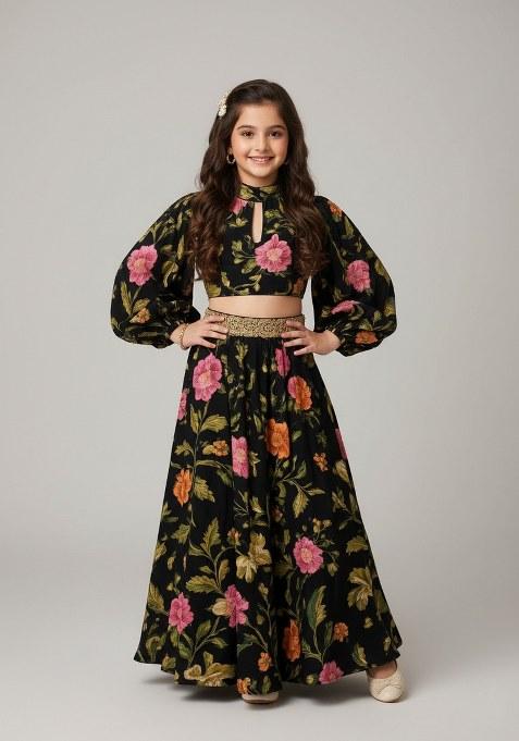 Girls Black Floral Print Satin Co-Ord Set