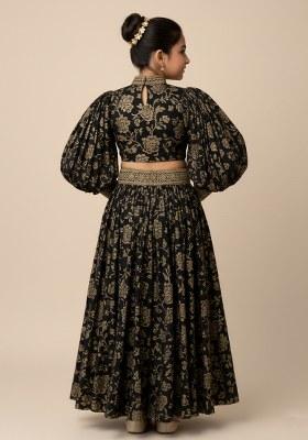 Girls Black Floral Print Satin Co-Ord Set