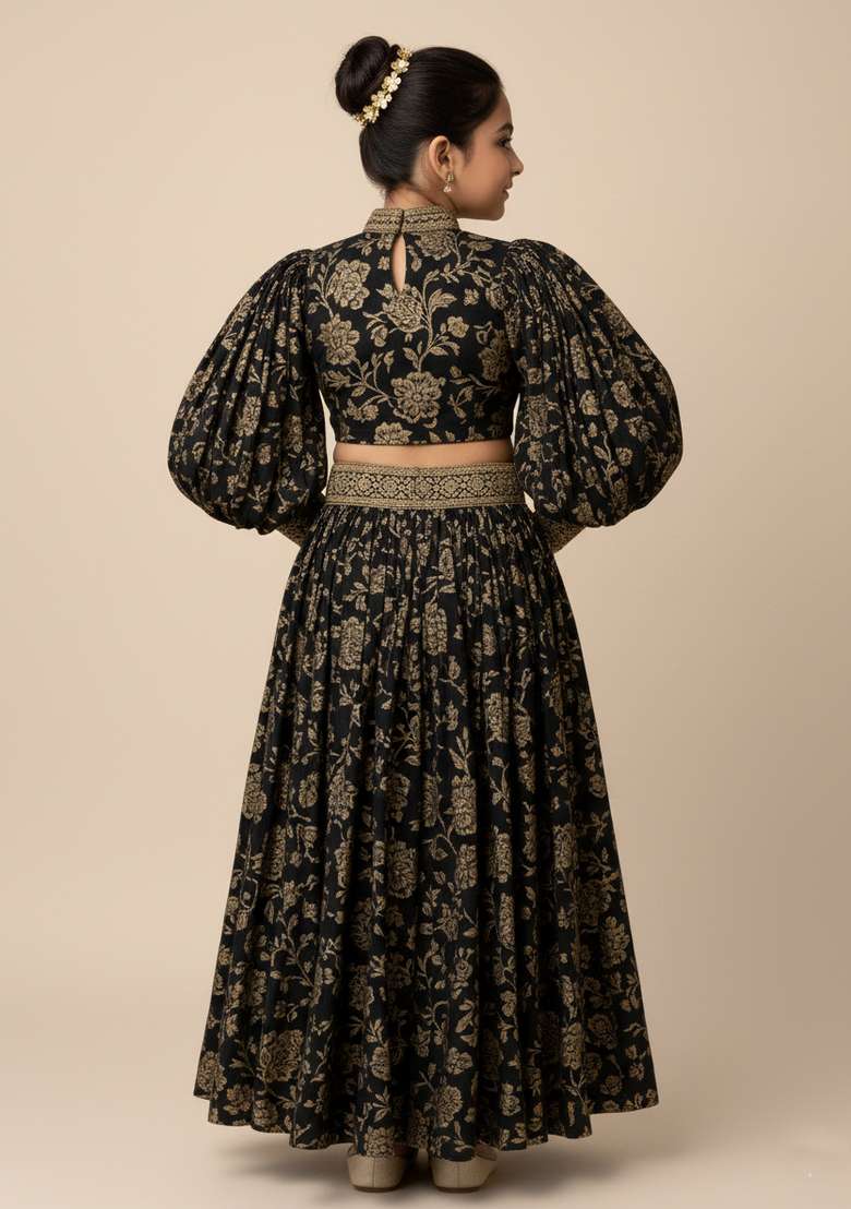 Girls Black Floral Print Satin Co-Ord Set - Indya