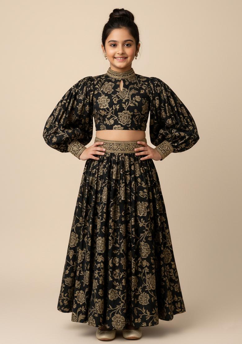 Girls Black Floral Print Satin Co-Ord Set - Indya