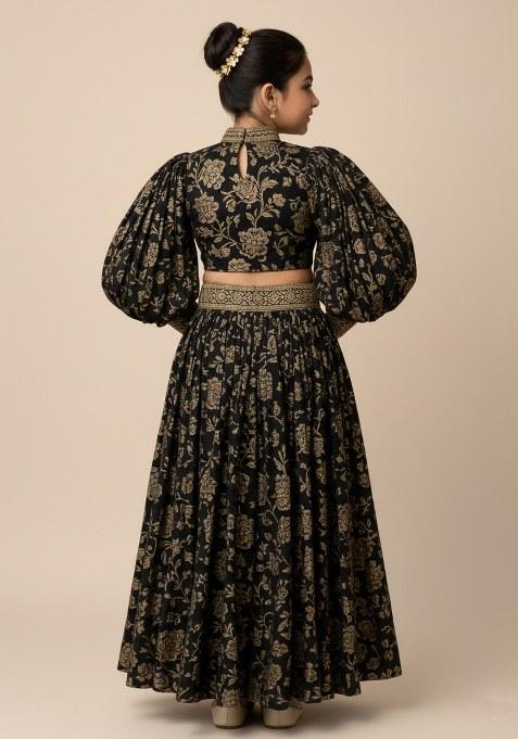 Girls Black Floral Print Satin Co-Ord Set