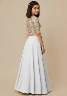 Girls White Embroidered Georgette Lehenga Set