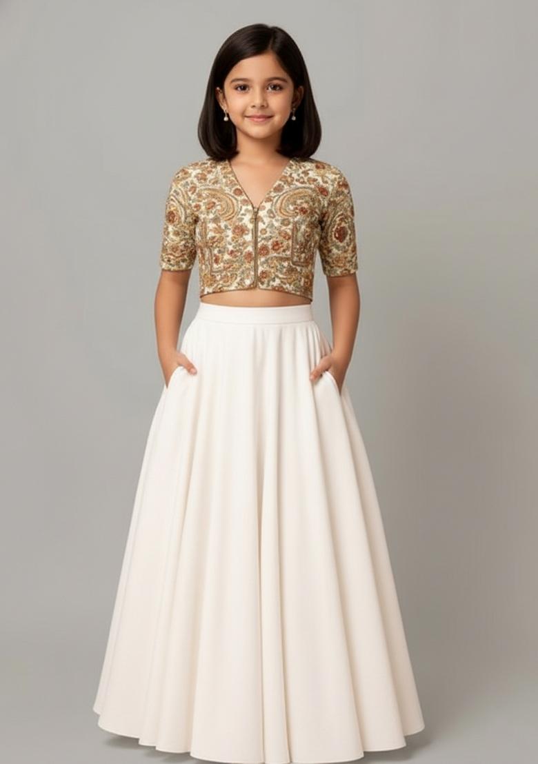 Girls White Embroidered Georgette Lehenga Set - Indya