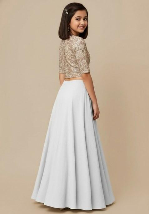 Girls White Embroidered Georgette Lehenga Set