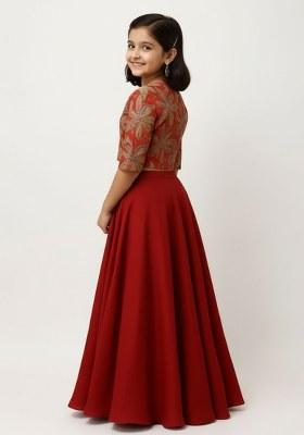 Girls Red Embroidered Georgette Lehenga Set