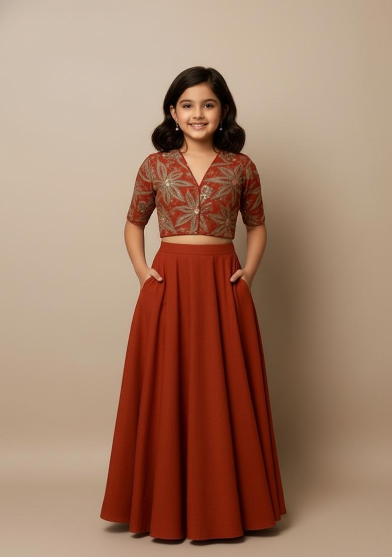 Girls Red Embroidered Georgette Lehenga Set - Indya
