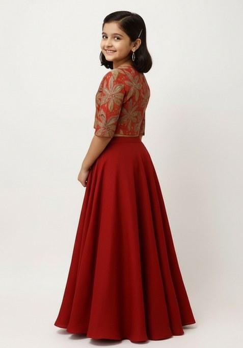 Girls Red Embroidered Georgette Lehenga Set