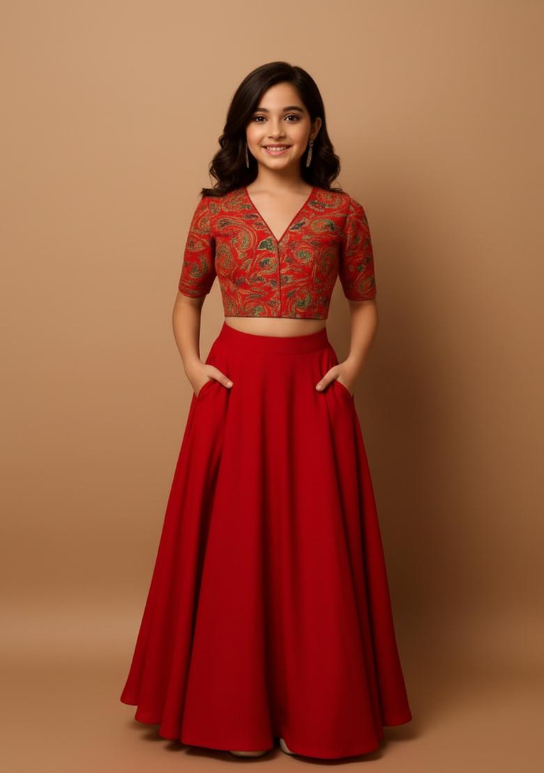 Girls Red Embroidered Georgette Lehenga Set - Indya