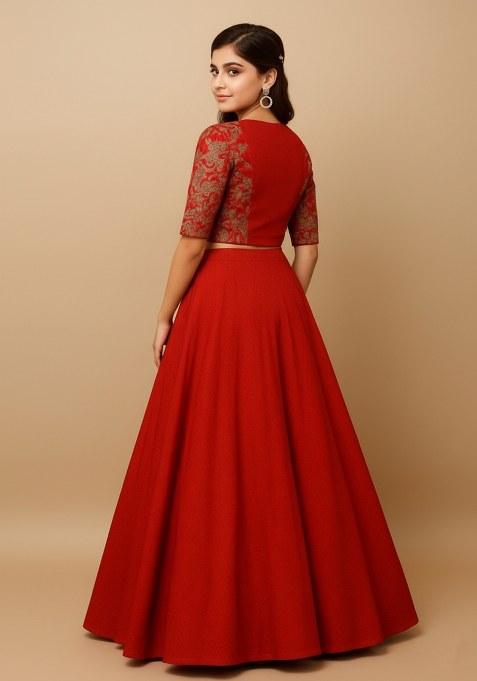 Girls Red Embroidered Georgette Lehenga Set