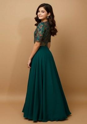 Girls Rama Blue Embroidered Georgette Lehenga Set