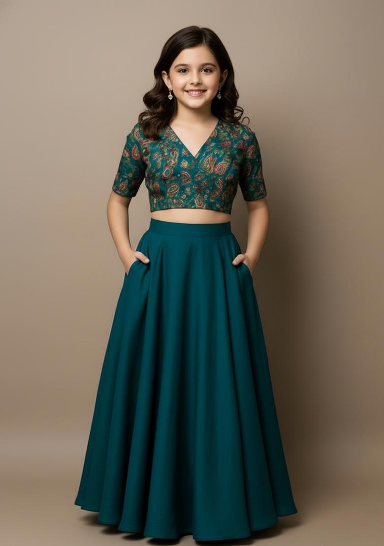 Girls Rama Blue Embroidered Georgette Lehenga Set - Indya