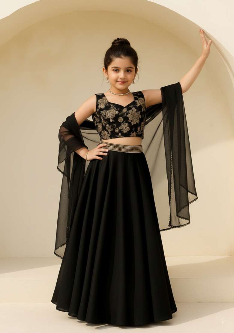 Girls Black Georgette Lehenga Set - Indya