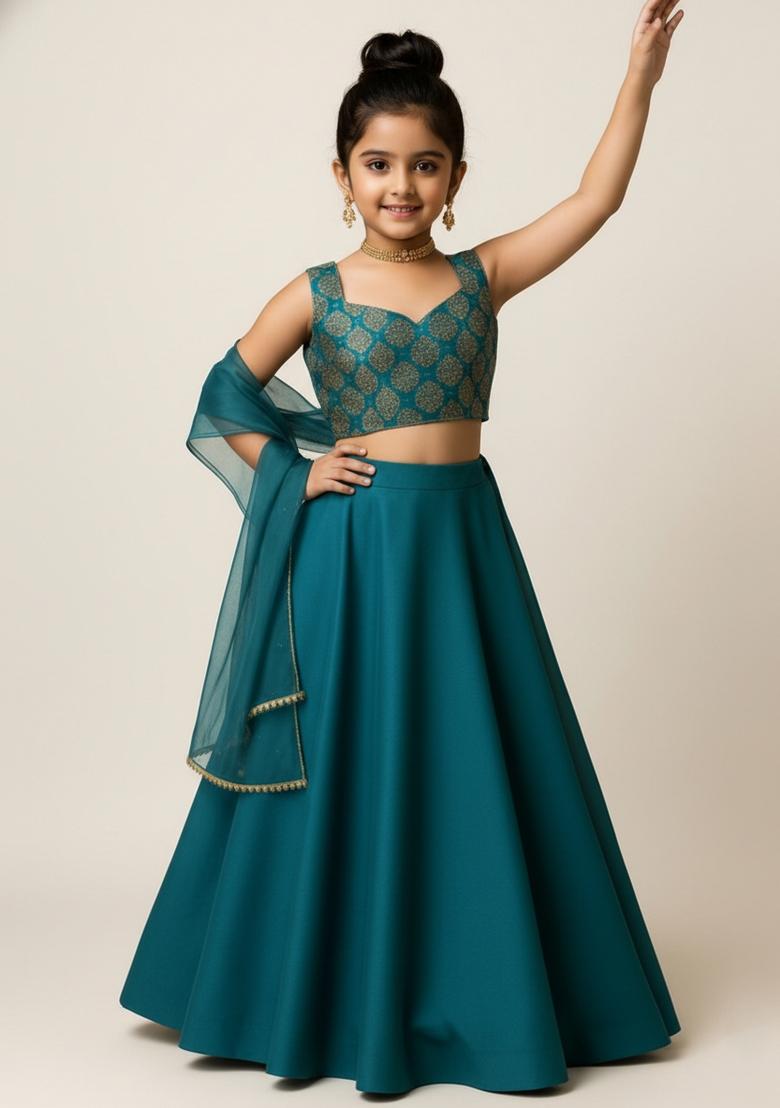 Girls Turquoise Blue Georgette Lehenga Set