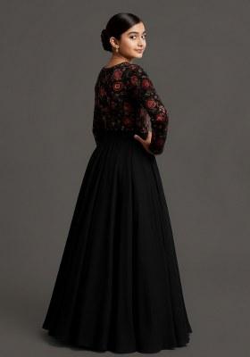 Girls Navy Blue Embroidered Georgette Lehenga Set