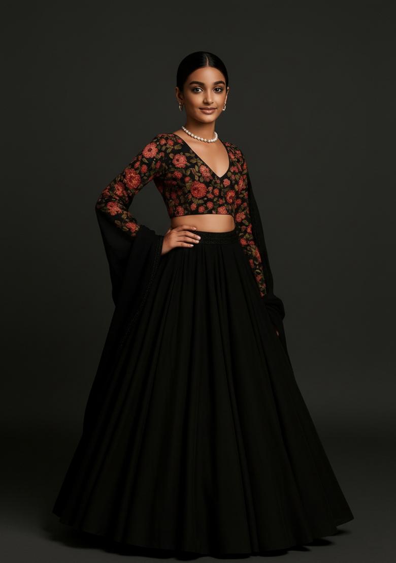 Girls Navy Blue Embroidered Georgette Lehenga Set - Indya