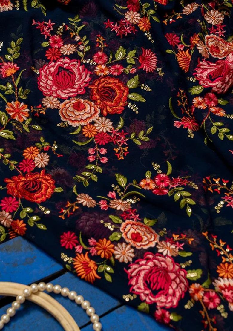 Girls Navy Blue Embroidered Georgette Lehenga Set - Indya