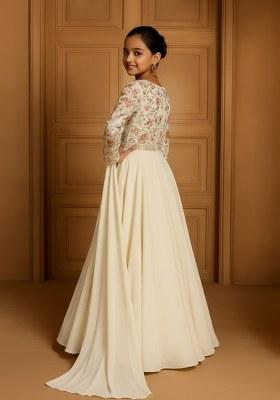 Girls Cream Embroidered Georgette Lehenga Set