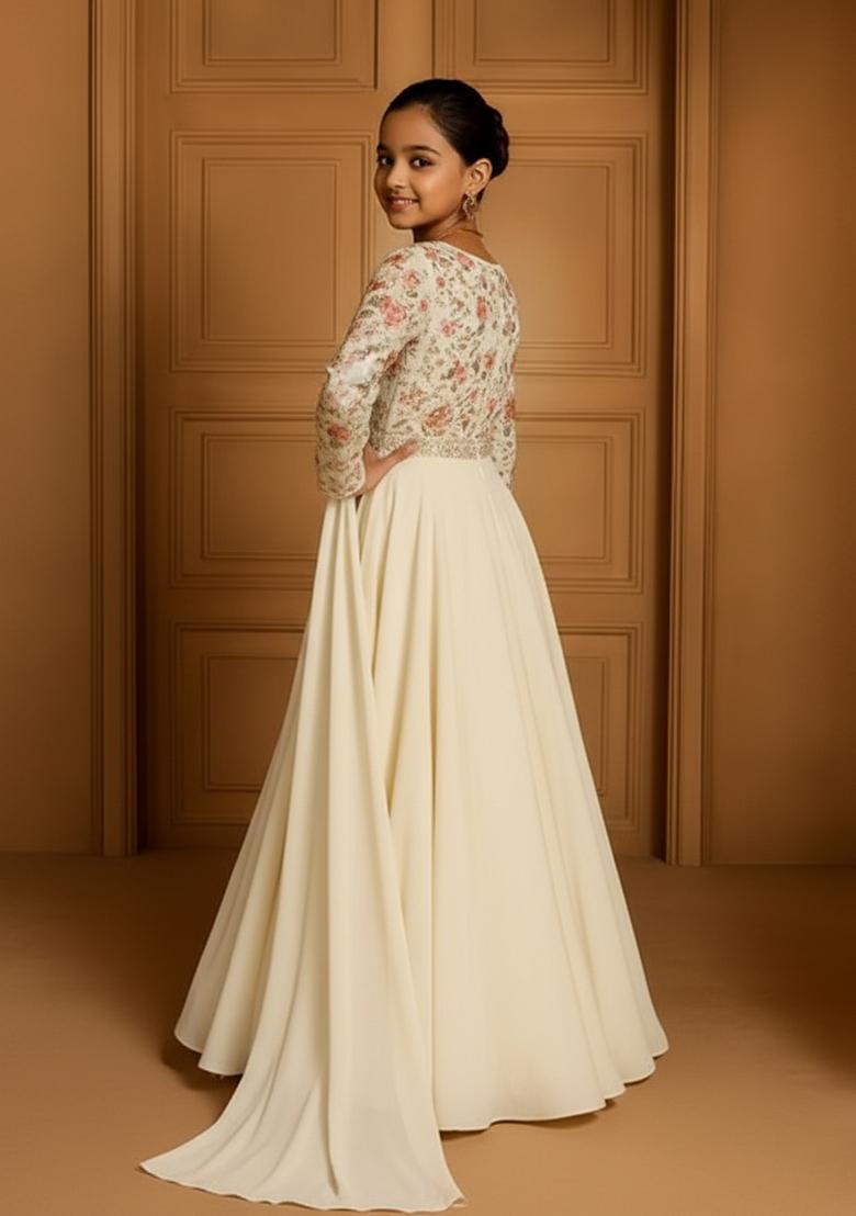 Girls Cream Embroidered Georgette Lehenga Set - Indya