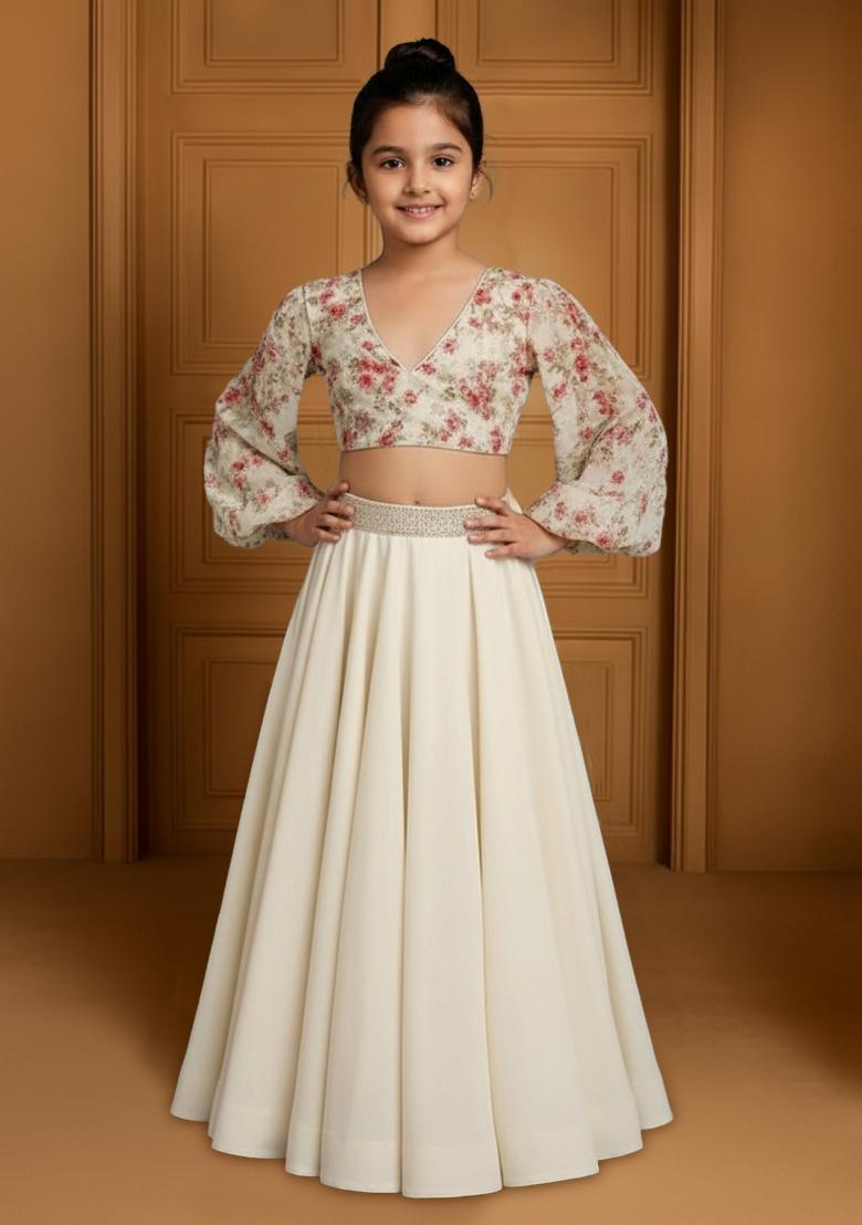 Girls Cream Embroidered Georgette Lehenga Set - Indya