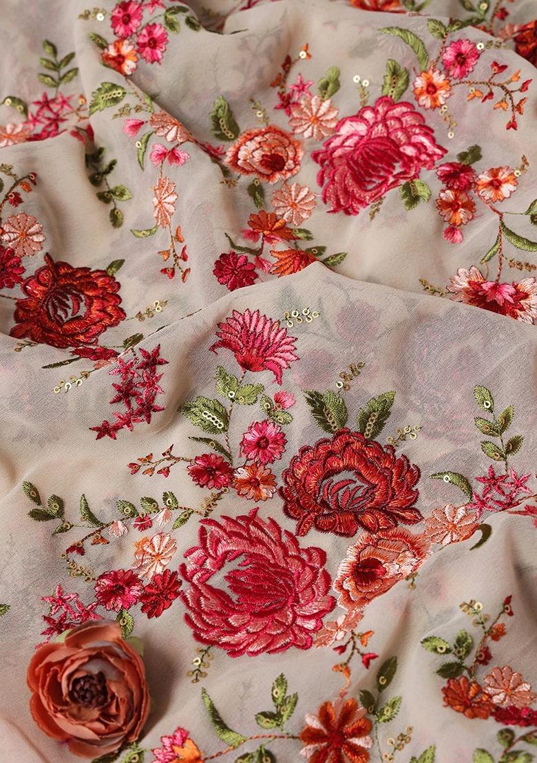 Girls Cream Embroidered Georgette Lehenga Set - Indya