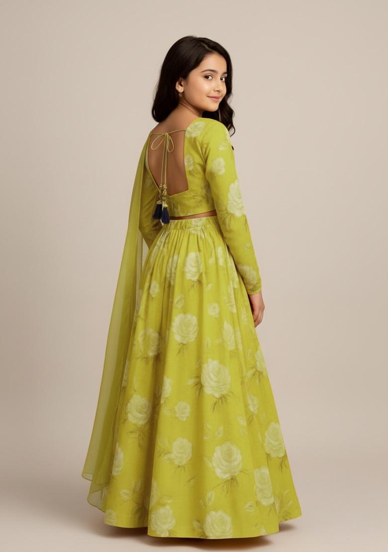 Girls Yellow Floral Print Georgette Lehenga Set - Indya
