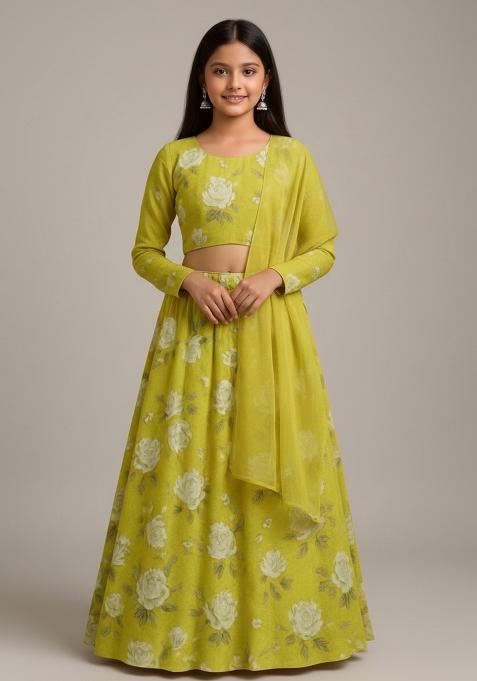 Girls Yellow Floral Print Georgette Lehenga Set