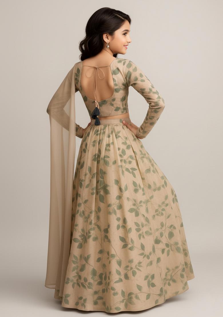 Girls Olive Green Leaf Print Georgette Lehenga Set