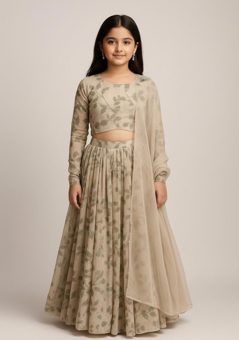 Girls Olive Green Leaf Print Georgette Lehenga Set - Indya