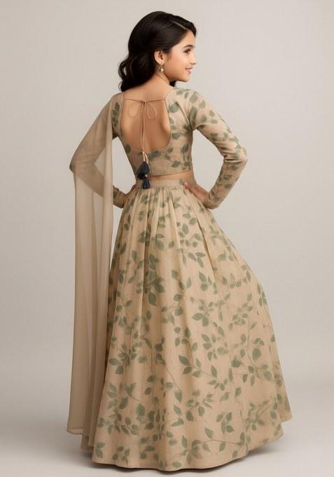 Girls Olive Green Leaf Print Georgette Lehenga Set