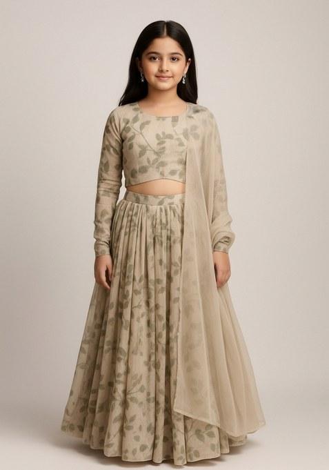 Girls Olive Green Leaf Print Georgette Lehenga Set