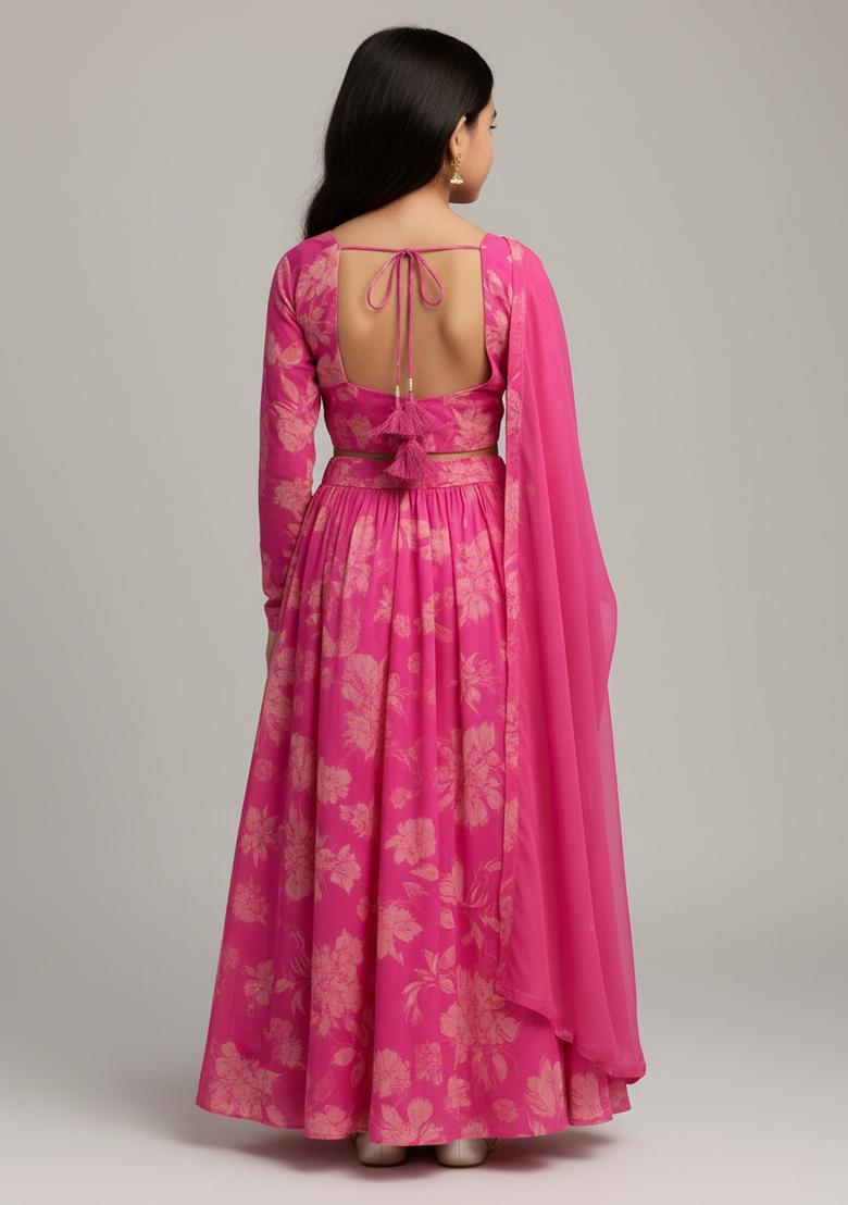 Girls Pink Floral Print Georgette Lehenga Set
