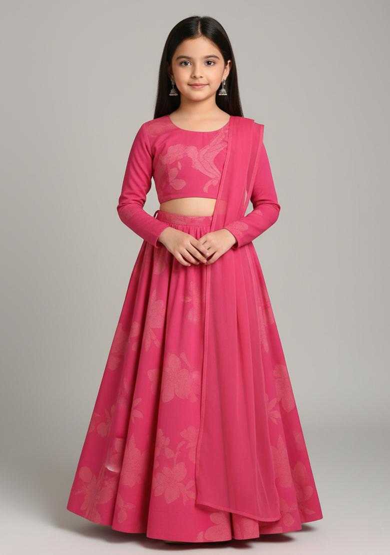 Girls Pink Floral Print Georgette Lehenga Set