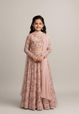 Girls Pink Leaf Print Georgette Lehenga Set